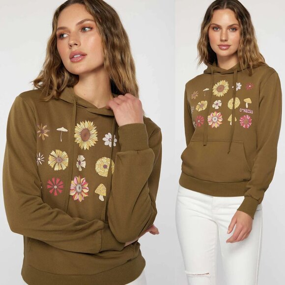 O'Niell Offshore Cotton Fleece Graphic Hoodie M Olive Green Mushroom Flower Boho - Picture 2 of 16